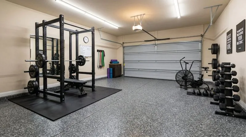 Garage gym charcoal flake epoxy floor
