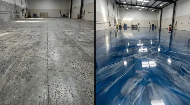 Home office blue-gray metallic epoxy floor San Antonio